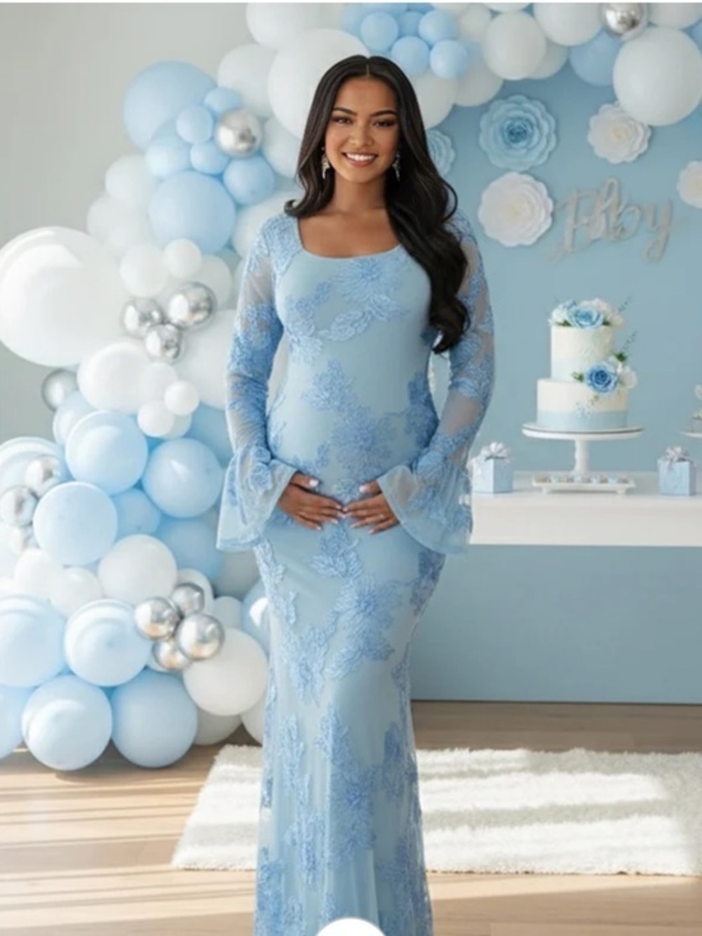 NEW Momyknows Mesh Embroidery Blue Floral Ruffle Bodycon Maternity Maxi Dress M